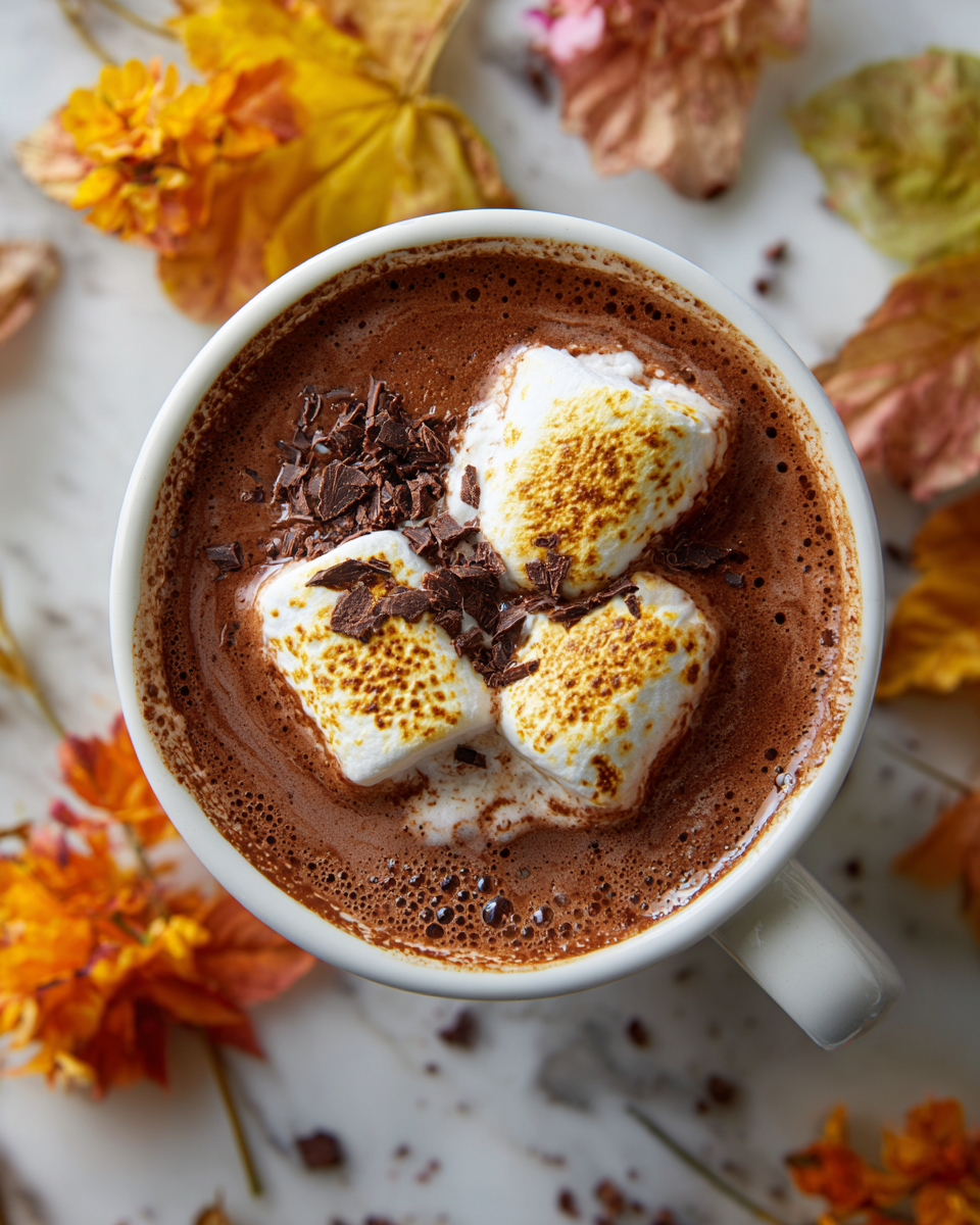 Chocolat chaud crémeux avec guimauves dorées pour les soirées d'automne en France