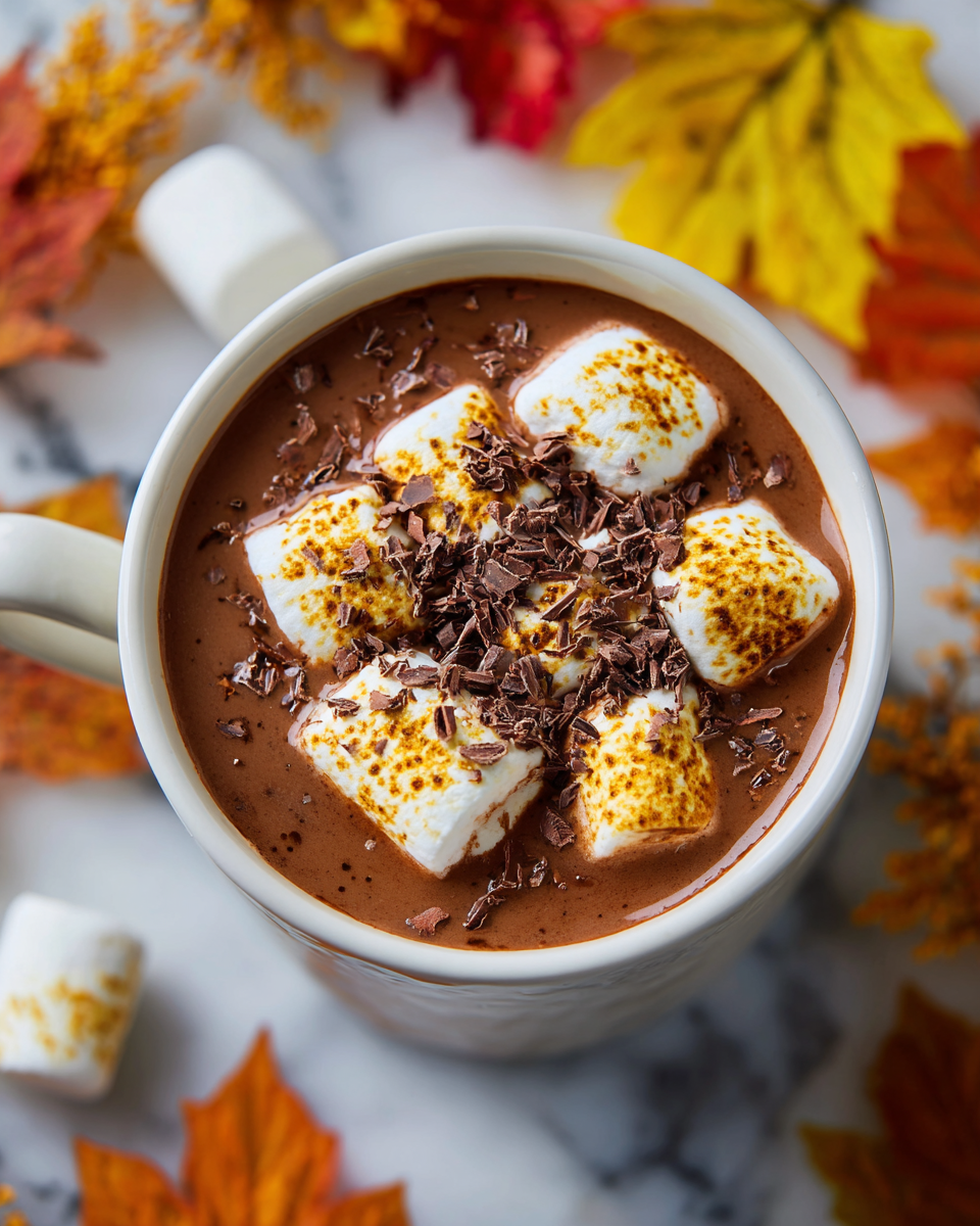 Chocolat chaud crémeux avec guimauves dorées pour les soirées d'automne en France