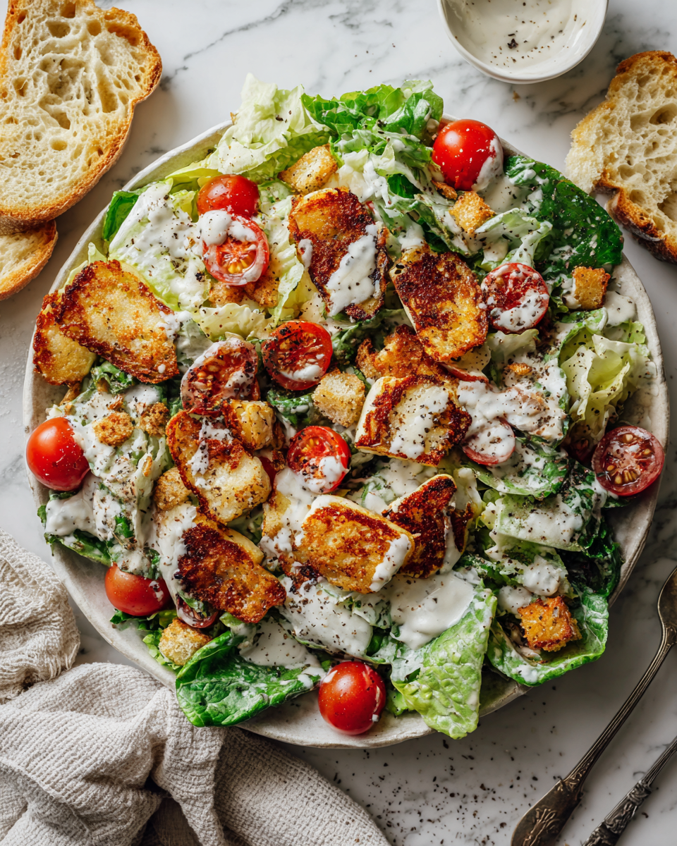 Salade César au halloumi croustillant et frais, parfaite pour l'automne.