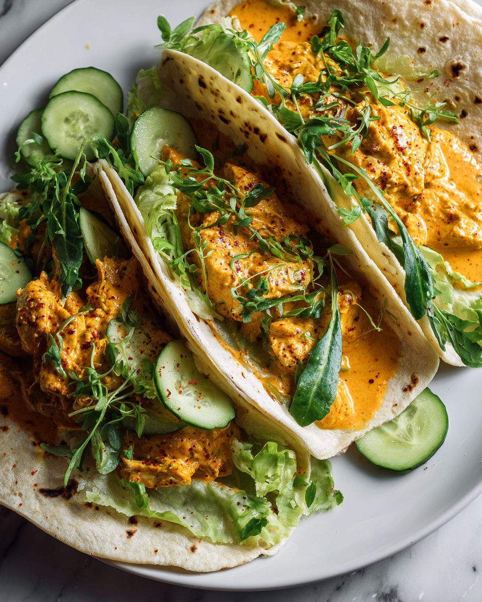 Wraps au poulet au beurre savoureux et pratiques, mélange de cuisine indienne avec des légumes frais.