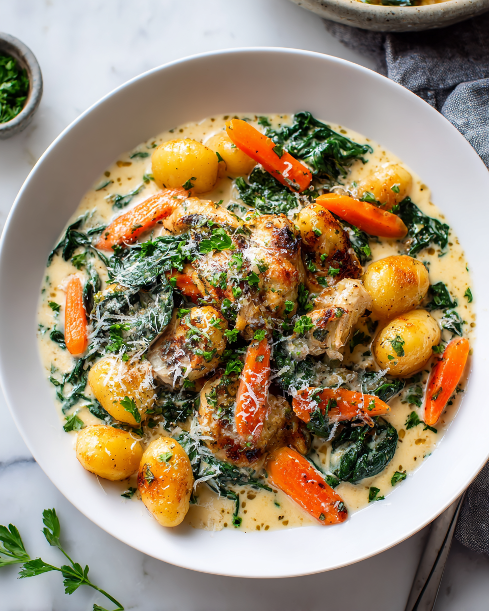 Gnocchis au poulet crémeux, plat réconfortant d'automne en France, savoureux et facile à préparer, idéal pour des repas en famille.