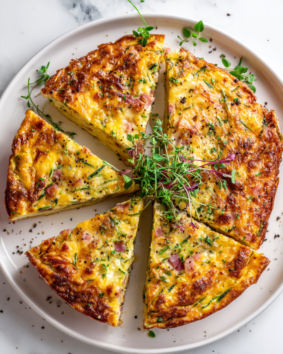 Savoureuse Frittata de Courgettes et Jambon pour l'Automne Frittata de courgette et jambon au cheddar, plat réconfortant, idéal pour un brunch d'automne, servi avec une salade légère.