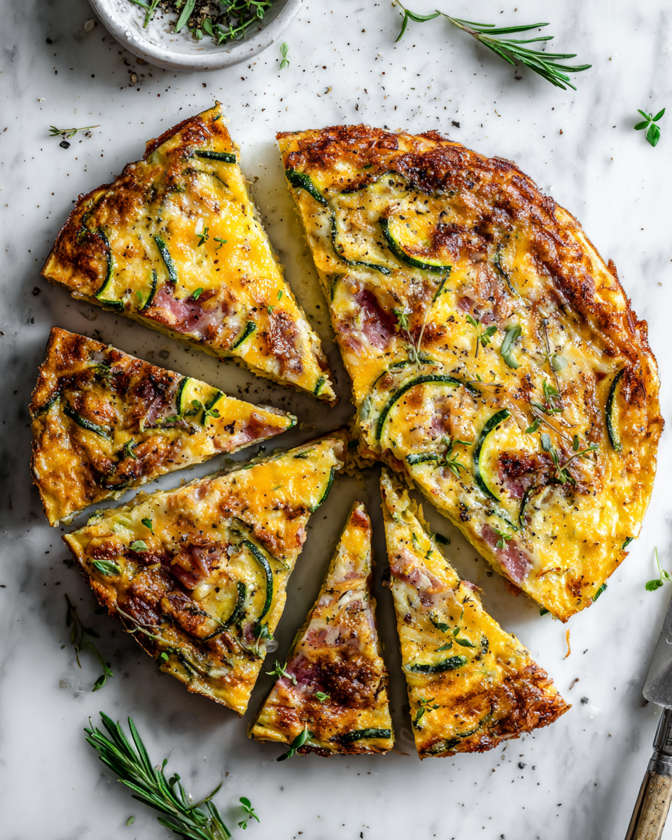 Savoureuse Frittata de Courgettes et Jambon pour l'Automne Frittata de courgette et jambon au cheddar, plat réconfortant, idéal pour un brunch d'automne, servi avec une salade légère.