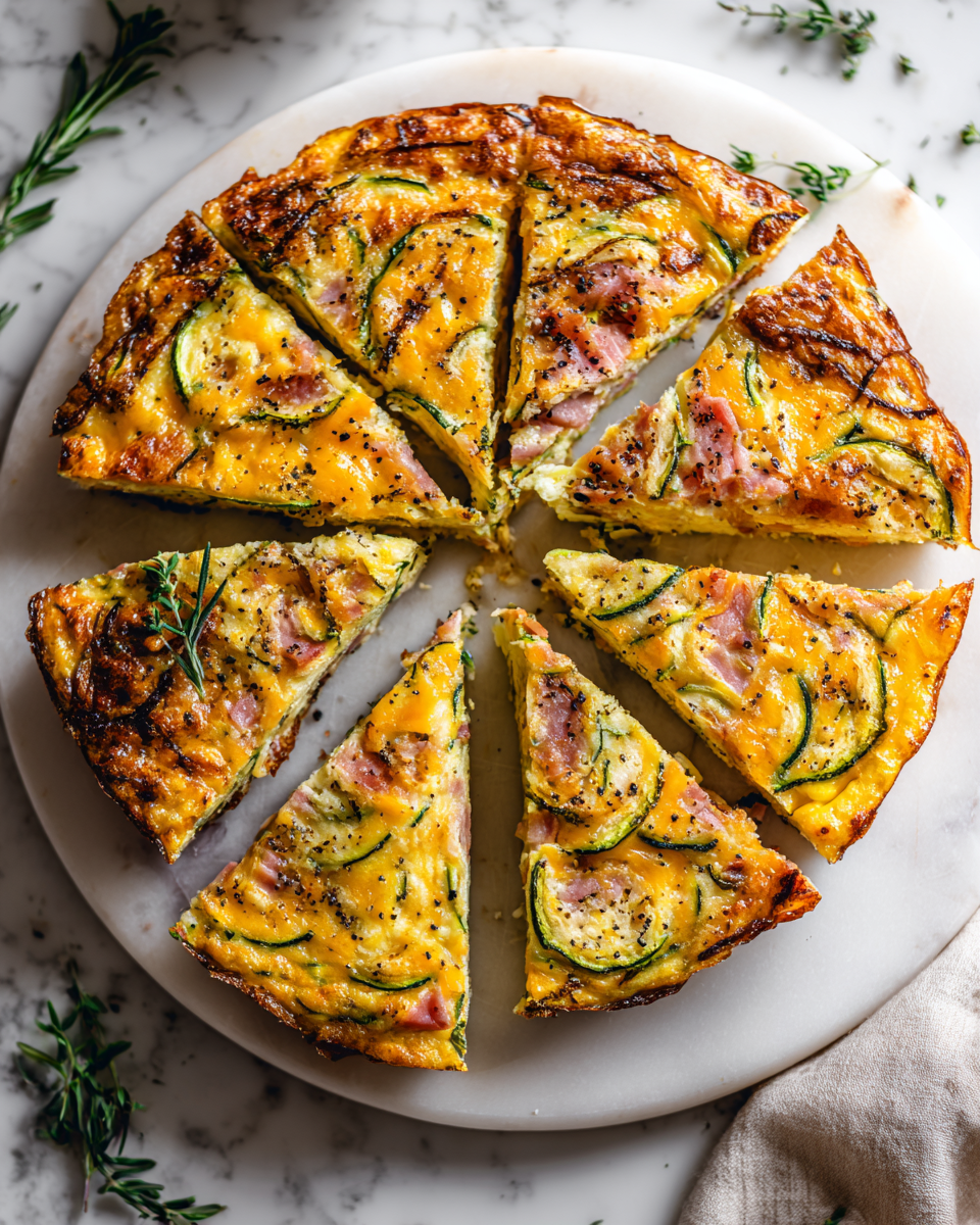 Savoureuse Frittata de Courgettes et Jambon pour l'Automne Frittata de courgette et jambon au cheddar, plat réconfortant, idéal pour un brunch d'automne, servi avec une salade légère.