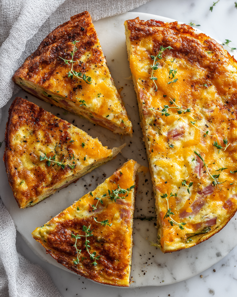 Savoureuse Frittata de Courgettes et Jambon pour l'Automne Frittata de courgette et jambon au cheddar, plat réconfortant, idéal pour un brunch d'automne, servi avec une salade légère.