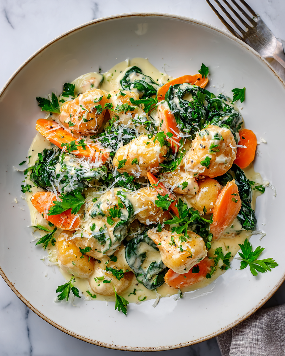 Gnocchis au poulet crémeux, plat réconfortant d'automne en France, savoureux et facile à préparer, idéal pour des repas en famille.