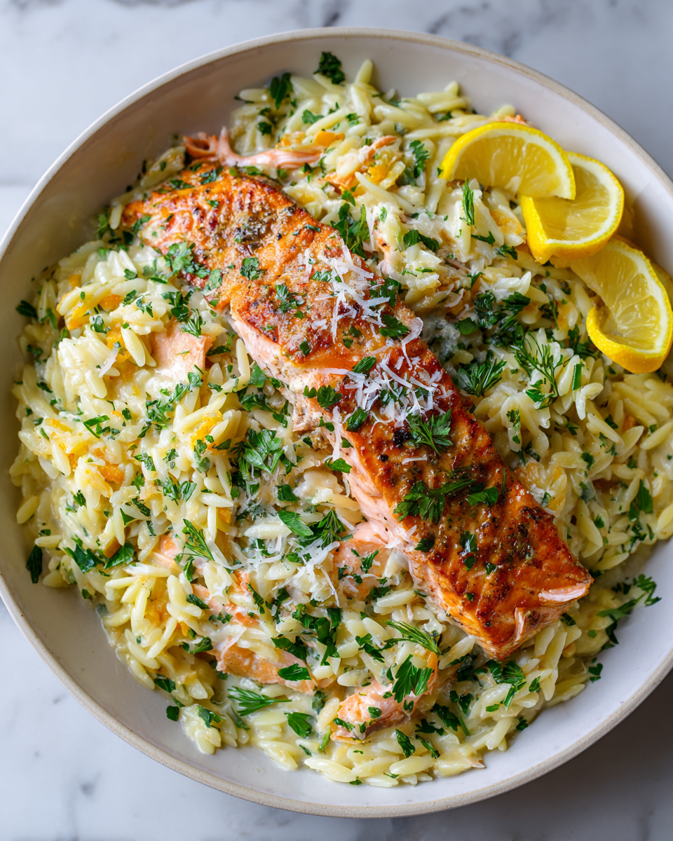 Orzo crémeux au citron avec saumon poêlé pour repas d'automne
