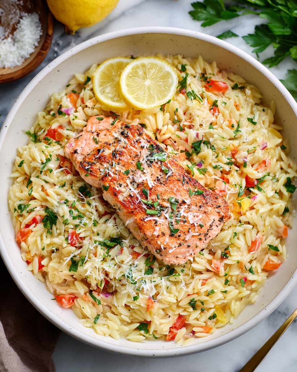 Orzo crémeux au citron avec saumon poêlé pour repas d'automne