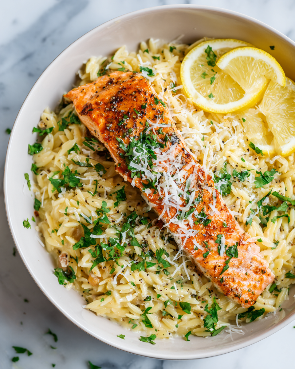 Orzo crémeux au citron avec saumon poêlé pour repas d'automne