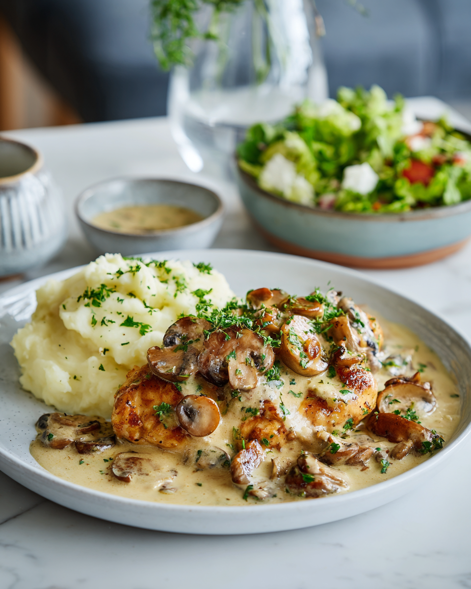 Recette de poulet aux champignons crémeux à l'ail et aux herbes, plat réconfortant d'automne.