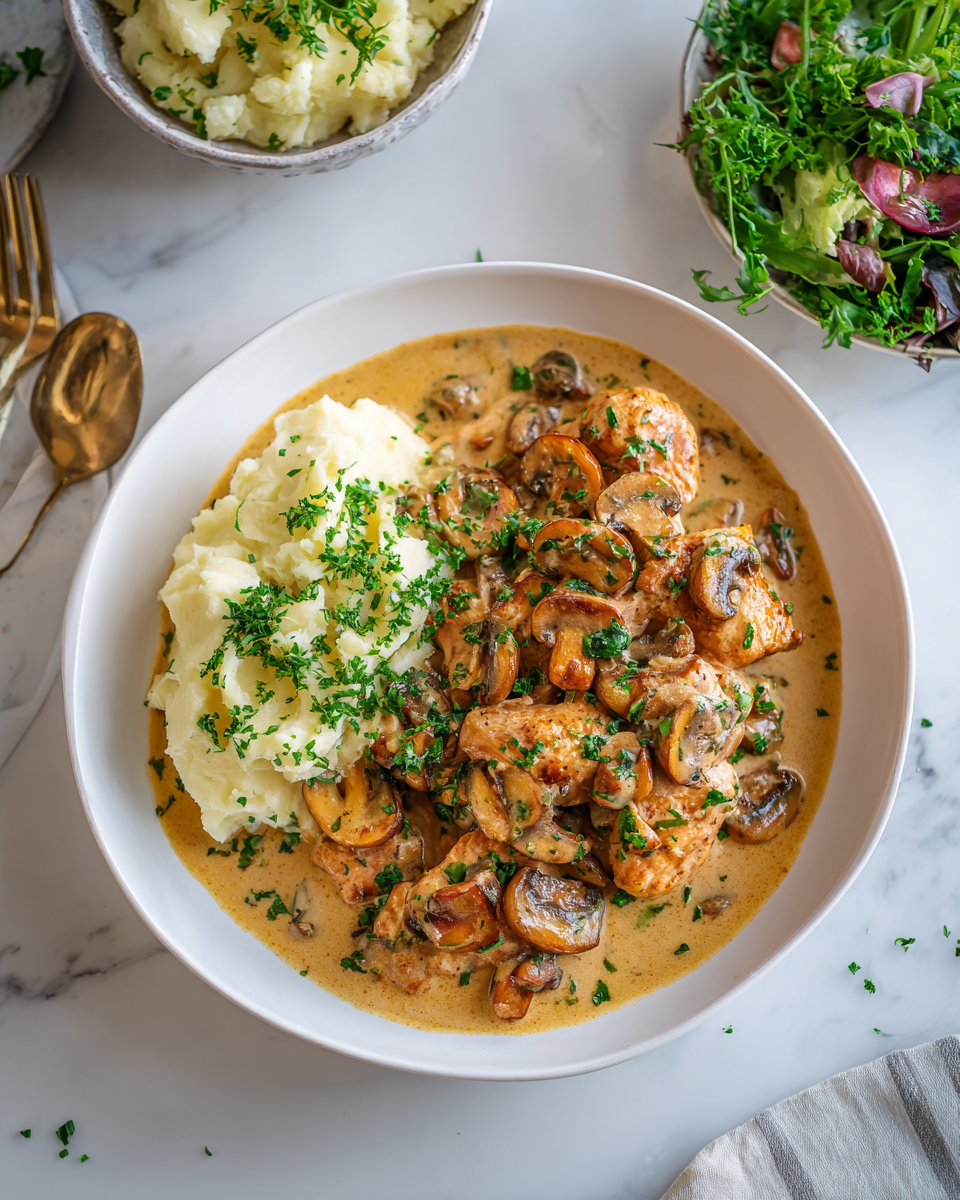 Savourez un Poulet aux Champignons Crémeux Recette de poulet aux champignons crémeux à l'ail et aux herbes, plat réconfortant d'automne.