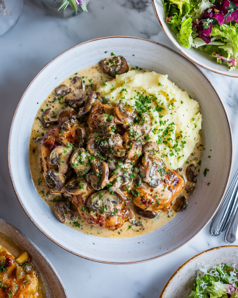 Savourez un Poulet aux Champignons Crémeux Recette de poulet aux champignons crémeux à l'ail et aux herbes, plat réconfortant d'automne.
