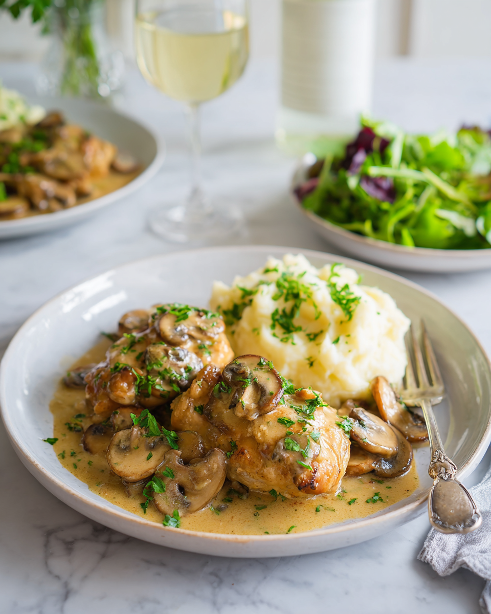 Savourez un Poulet aux Champignons Crémeux Recette de poulet aux champignons crémeux à l'ail et aux herbes, plat réconfortant d'automne.