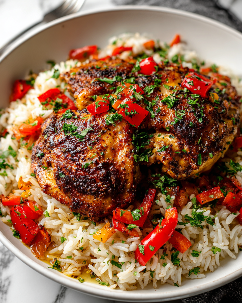 Savoureux Poulet Cajun Noirci avec Riz en Une Poêle Recette de poulet cajun noirci avec riz, un plat réconfortant simple à préparer en une seule poêle.