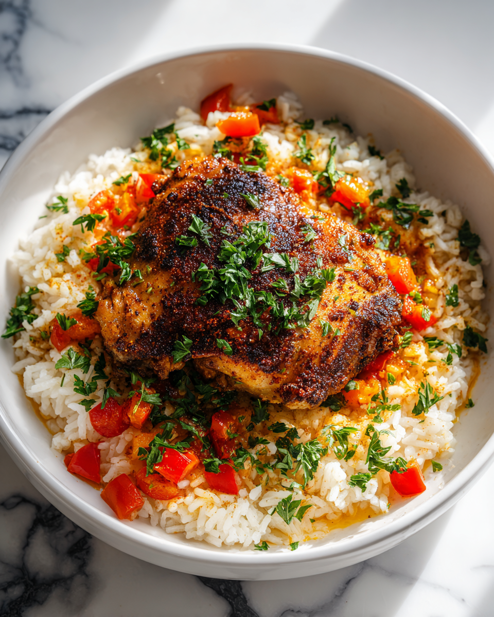 Savoureux Poulet Cajun Noirci avec Riz en Une Poêle Recette de poulet cajun noirci avec riz, un plat réconfortant simple à préparer en une seule poêle.