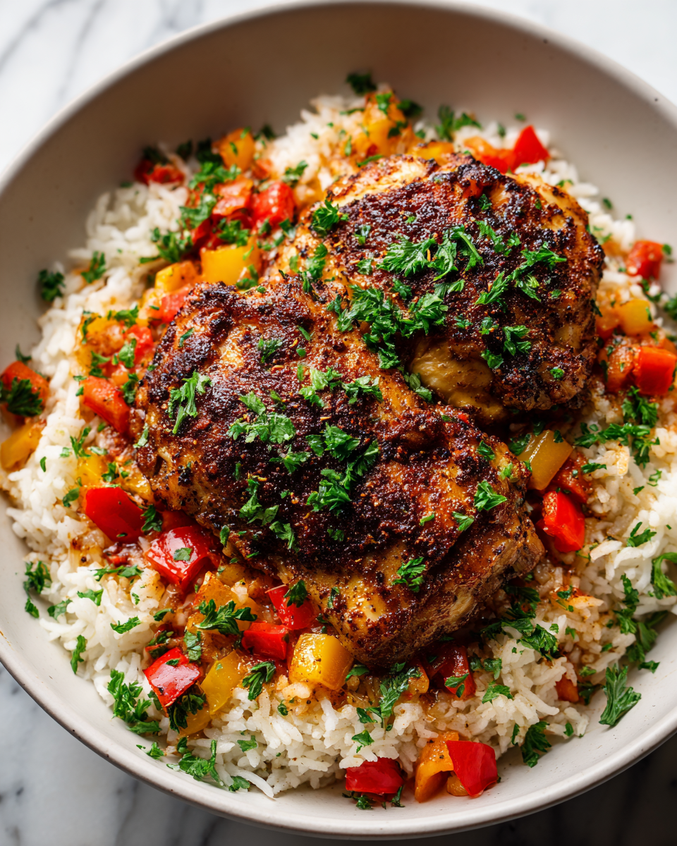 Savoureux Poulet Cajun Noirci avec Riz en Une Poêle Recette de poulet cajun noirci avec riz, un plat réconfortant simple à préparer en une seule poêle.