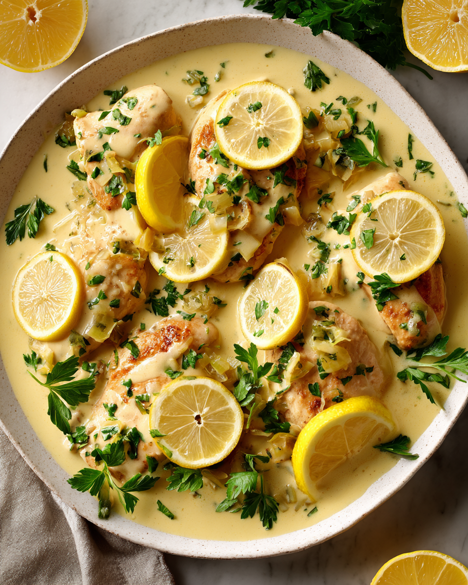 Recette de poulet crémeux au citron et à l'ail, plat réconfortant à servir pour les soirées d'automne.