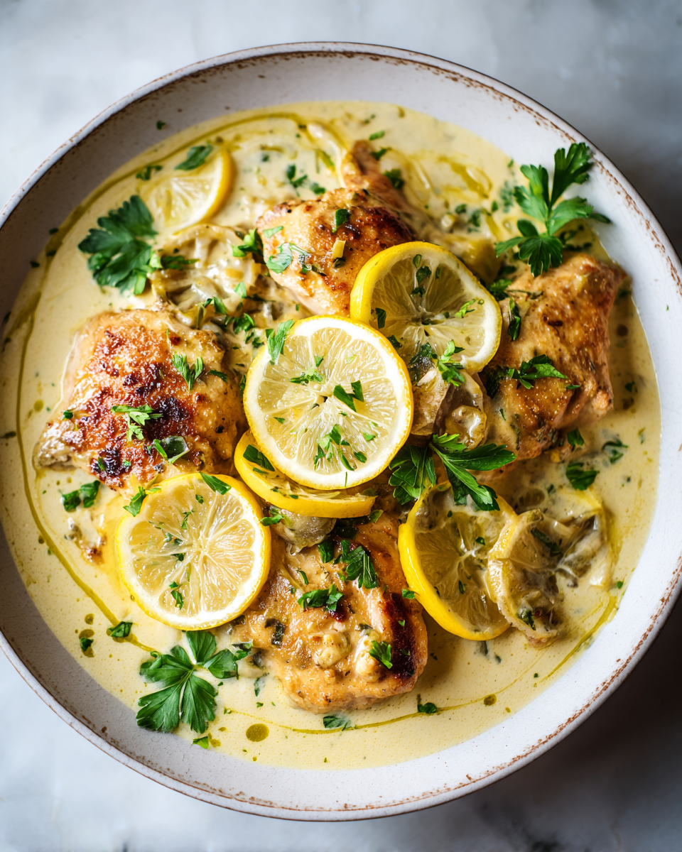 Recette de poulet crémeux au citron et à l'ail, plat réconfortant à servir pour les soirées d'automne.