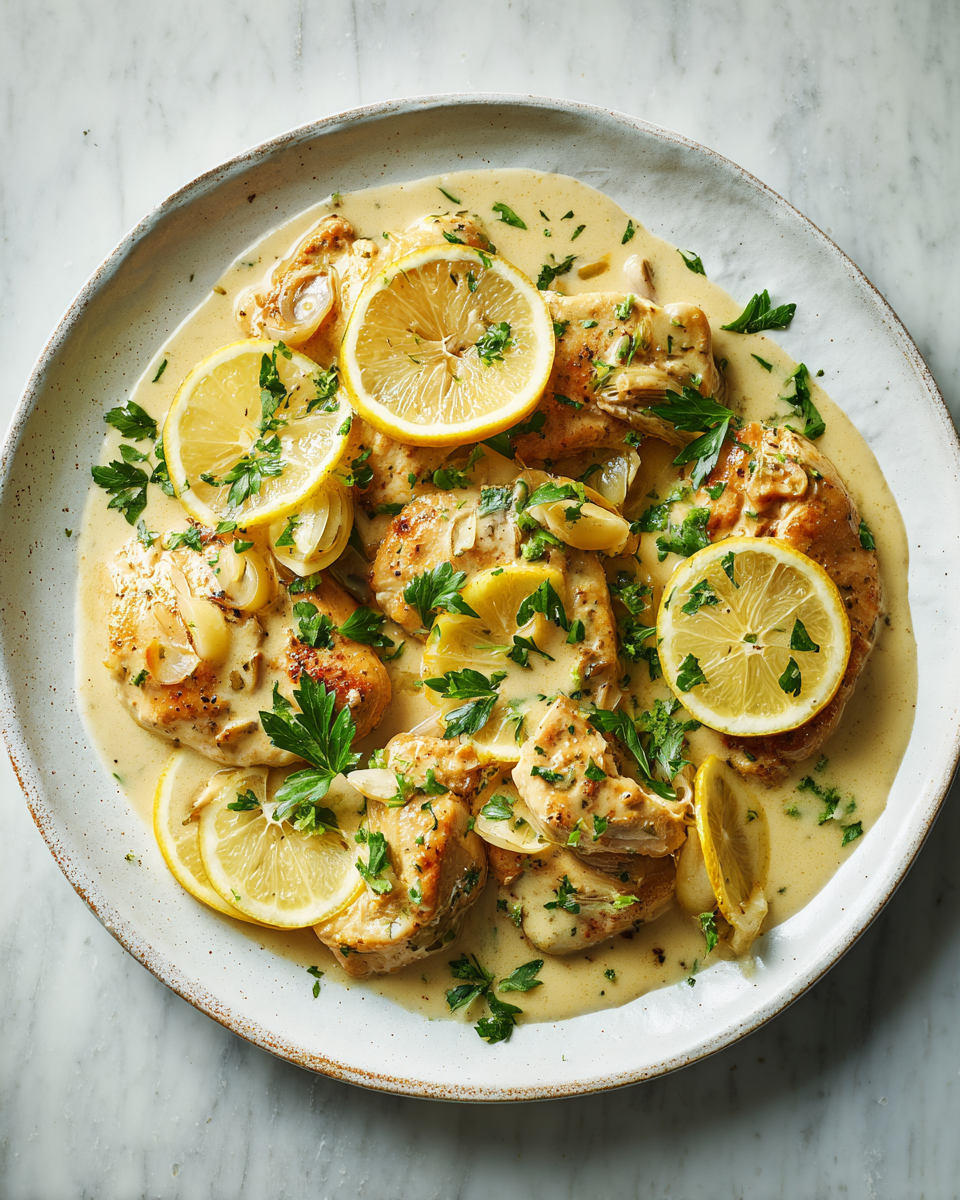 Recette de poulet crémeux au citron et à l'ail, plat réconfortant à servir pour les soirées d'automne.