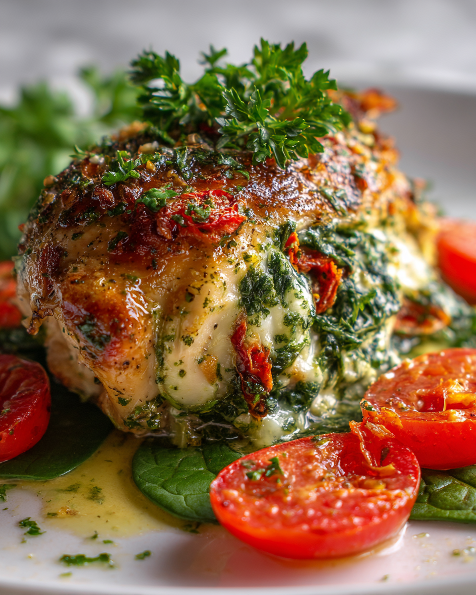 Poulet Ail Garni à l'Italienne rôti au four avec garniture crémeuse et épinards.