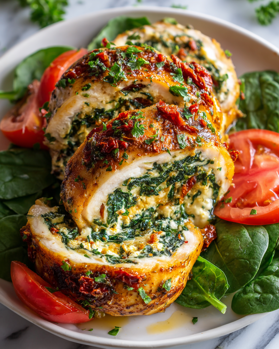 Poulet Ail Garni à l'Italienne rôti au four avec garniture crémeuse et épinards.