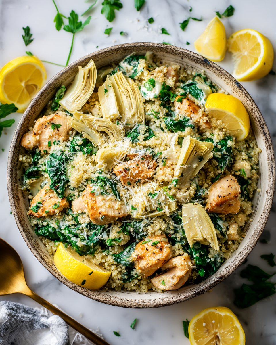 Savoureux Poulet Quinoa aux Épinards et Artichauts Plat de Poulet Quinoa Crémeux avec Épinards et Artichauts