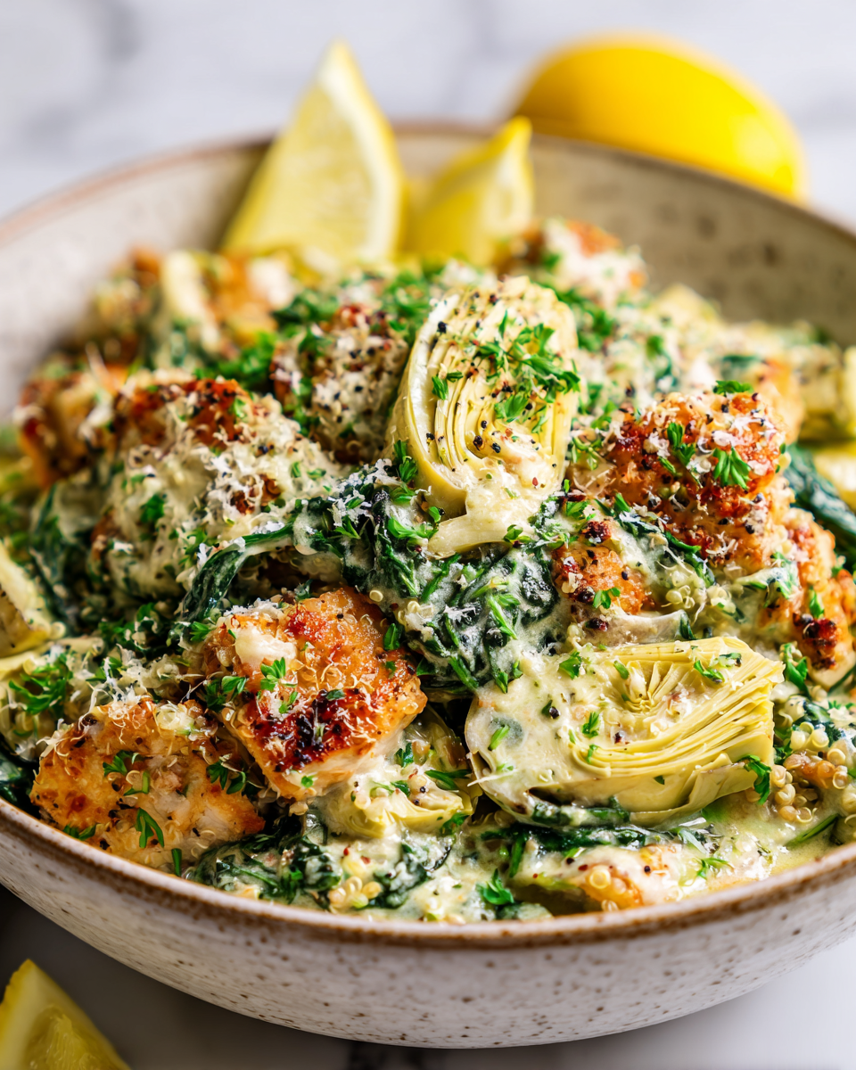 Savoureux Poulet Quinoa aux Épinards et Artichauts Plat de Poulet Quinoa Crémeux avec Épinards et Artichauts
