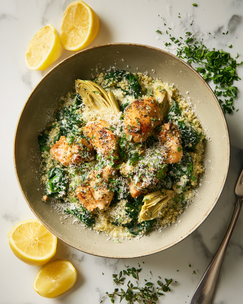 Savoureux Poulet Quinoa aux Épinards et Artichauts Plat de Poulet Quinoa Crémeux avec Épinards et Artichauts