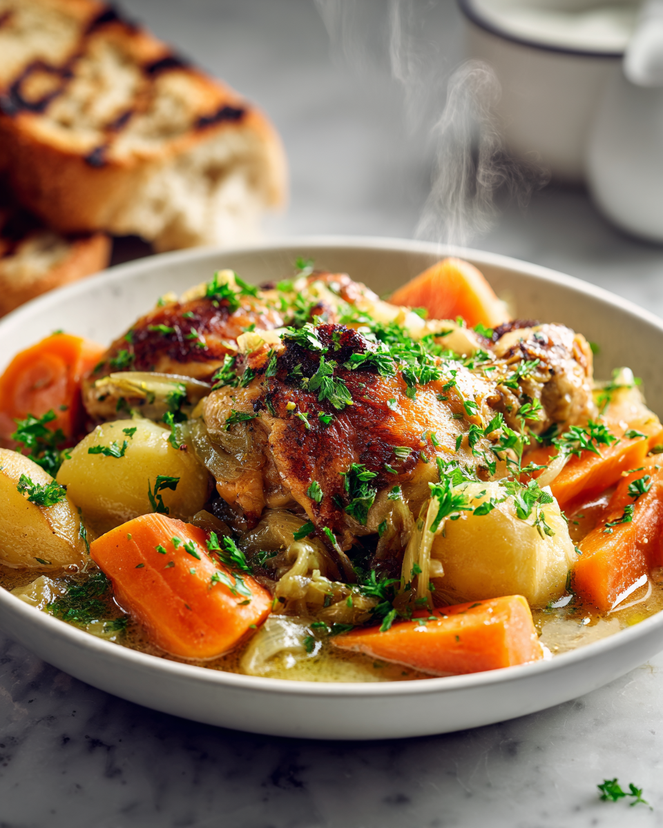 Ragoût d'oignons et de poulet savoureux mijoté avec légumes frais, parfait pour les soirées d'automne.