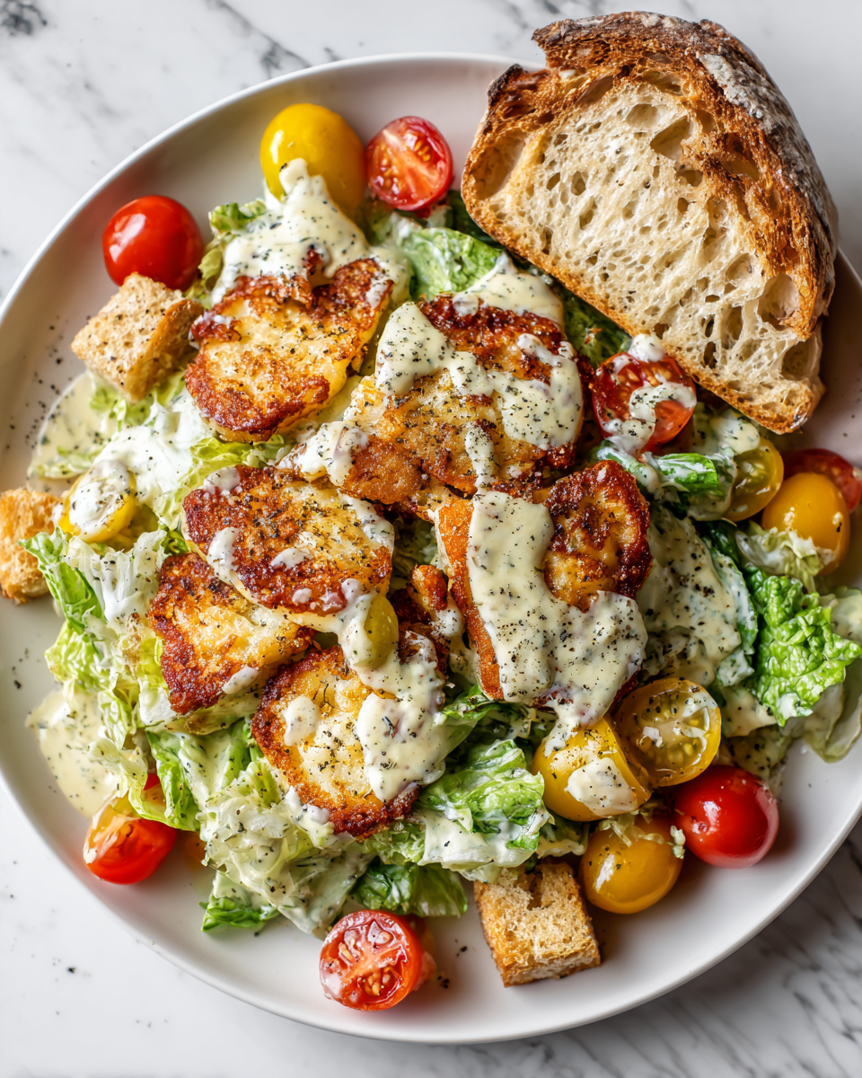 Salade César au halloumi croustillant et frais, parfaite pour l'automne.