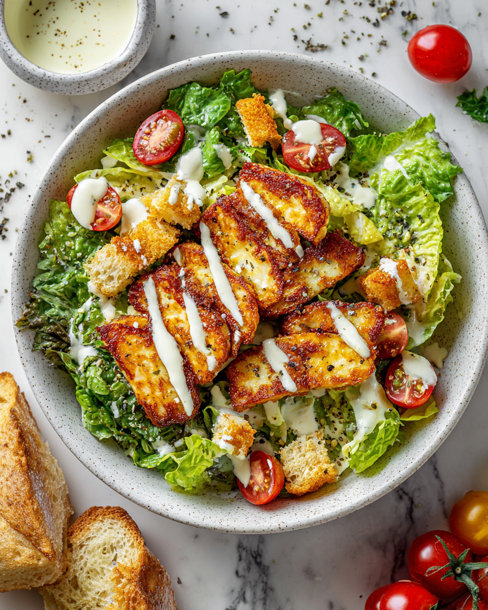 Salade César au halloumi croustillant et frais, parfaite pour l'automne.