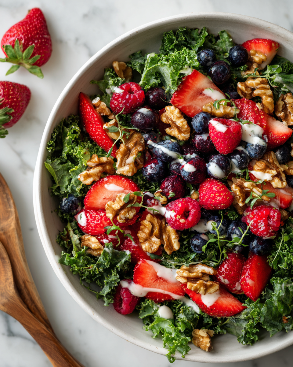 Salade de kale aux trois baies avec vinaigrette crémeuse à la fraise, recette rapide et saine.