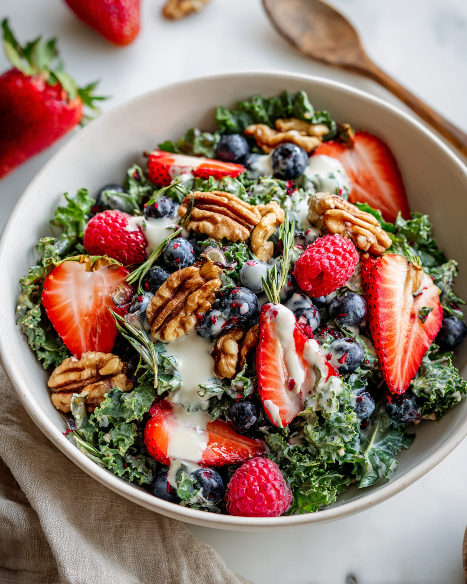 Salade de kale aux trois baies avec vinaigrette crémeuse à la fraise, recette rapide et saine.