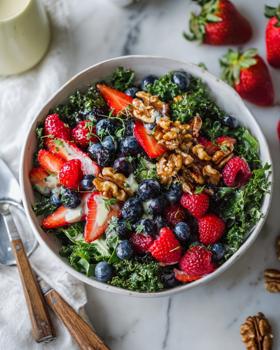 Salade de kale aux trois baies avec vinaigrette crémeuse à la fraise, recette rapide et saine.
