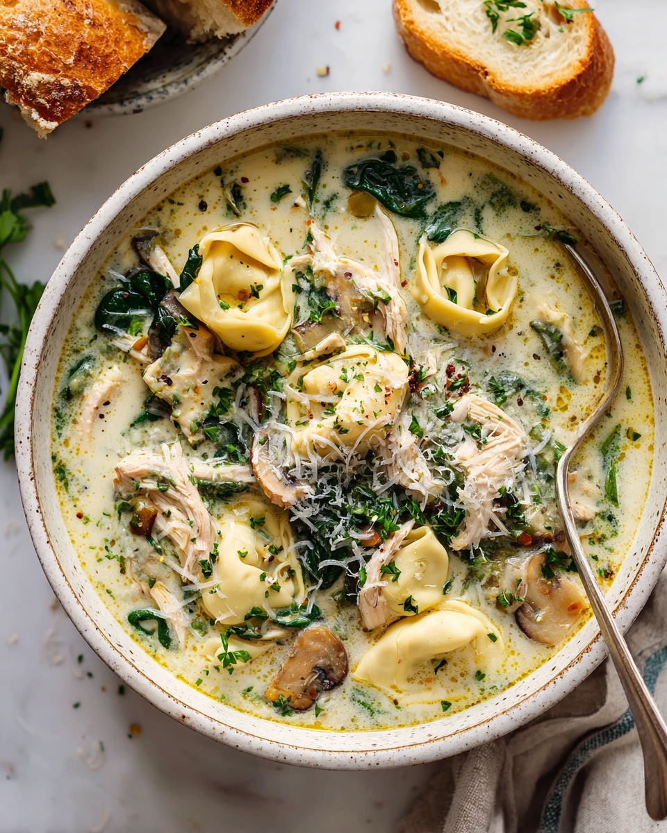 Savourez une Soupe Crémeuse au Poulet et Tortellini Soupe crémeuse au poulet et tortellini dans un bol, garnie de parmesan frais, représentant un plat réconfortant parfait pour l'automne.