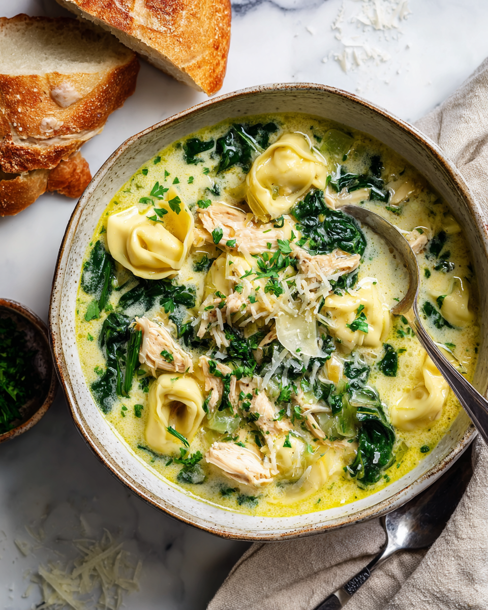 Savourez une Soupe Crémeuse au Poulet et Tortellini Soupe crémeuse au poulet et tortellini dans un bol, garnie de parmesan frais, représentant un plat réconfortant parfait pour l'automne.