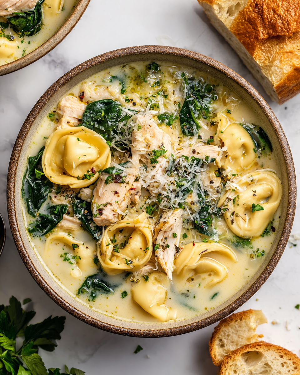 Savourez une Soupe Crémeuse au Poulet et Tortellini Soupe crémeuse au poulet et tortellini dans un bol, garnie de parmesan frais, représentant un plat réconfortant parfait pour l'automne.