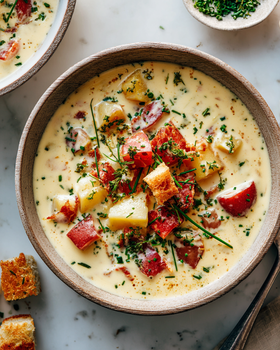 Soupe crémeuse de pommes de terre rouges servie dans un bol, idéale pour l'automne