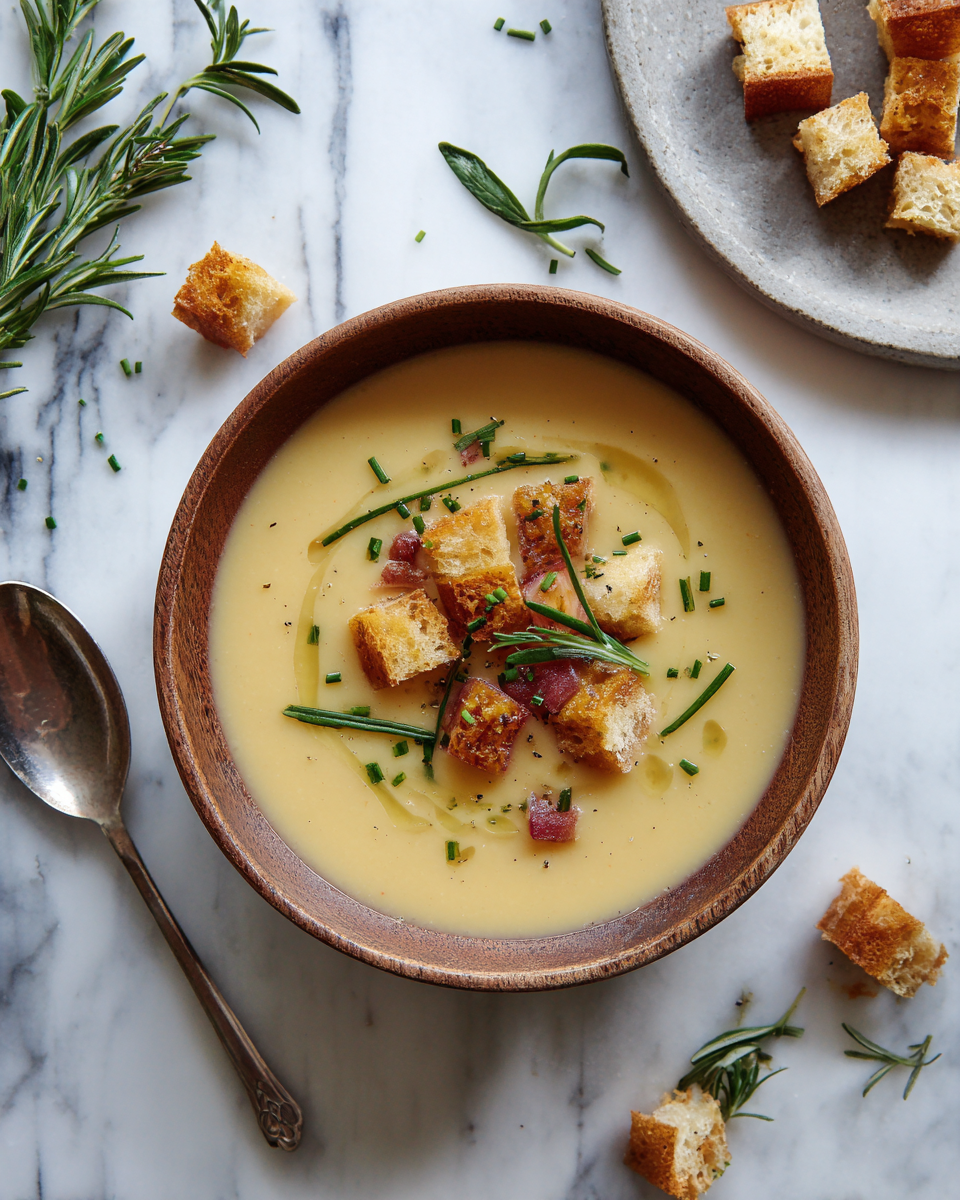 Soupe crémeuse de pommes de terre rouges servie dans un bol, idéale pour l'automne
