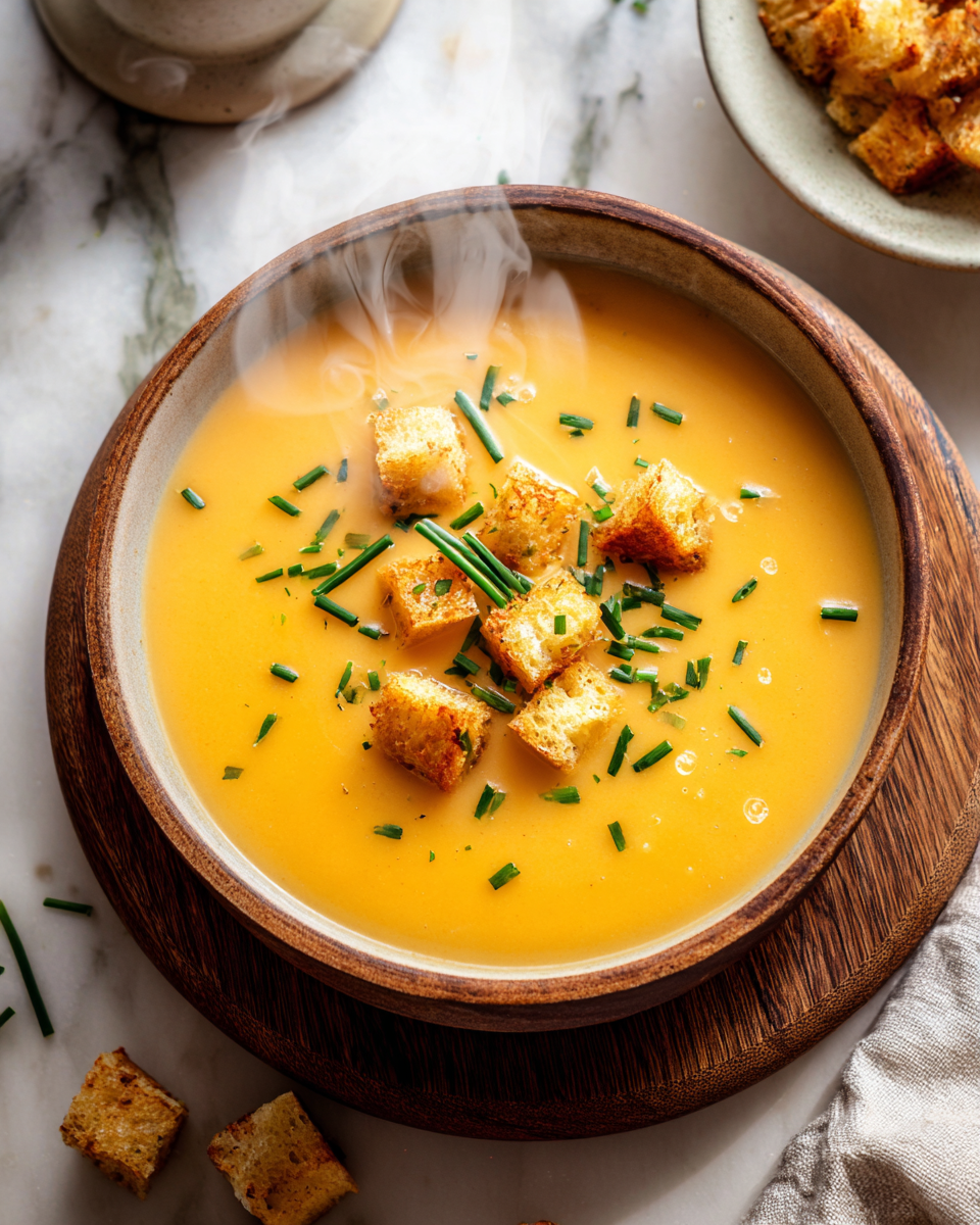 Soupe crémeuse de pommes de terre rouges servie dans un bol, idéale pour l'automne