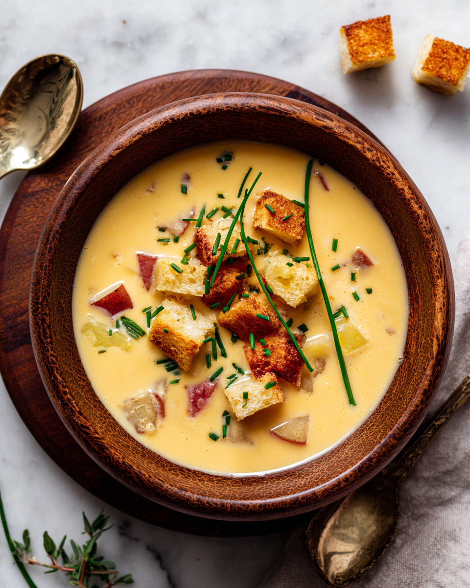 Soupe crémeuse de pommes de terre rouges servie dans un bol, idéale pour l'automne