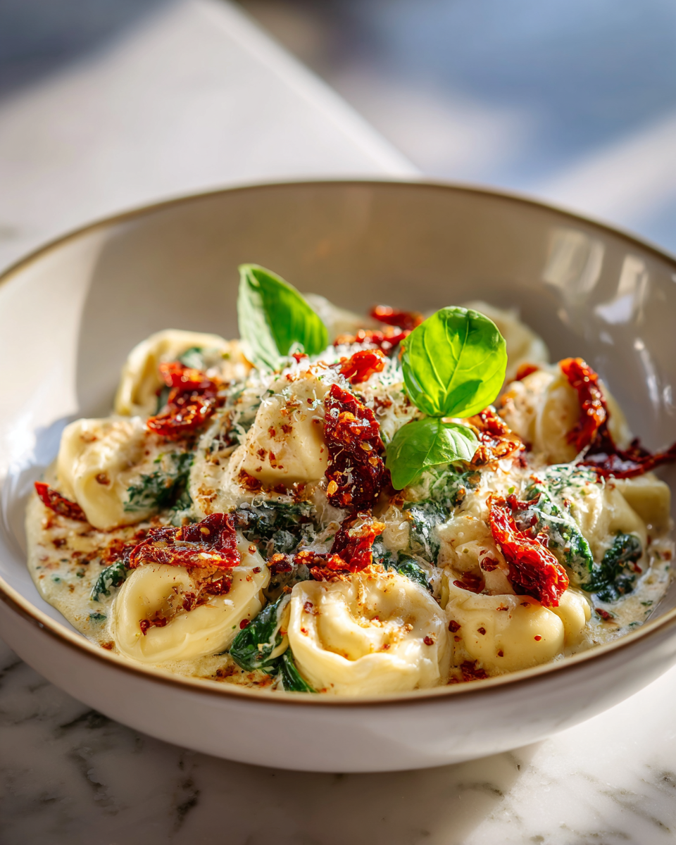 Recette de tortellini aux tomates séchées et épinards, parfaite pour un dîner rapide et réconfortant.