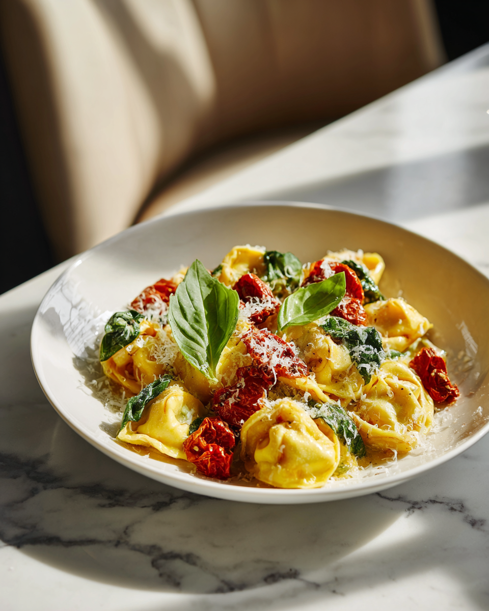 Recette de tortellini aux tomates séchées et épinards, parfaite pour un dîner rapide et réconfortant.