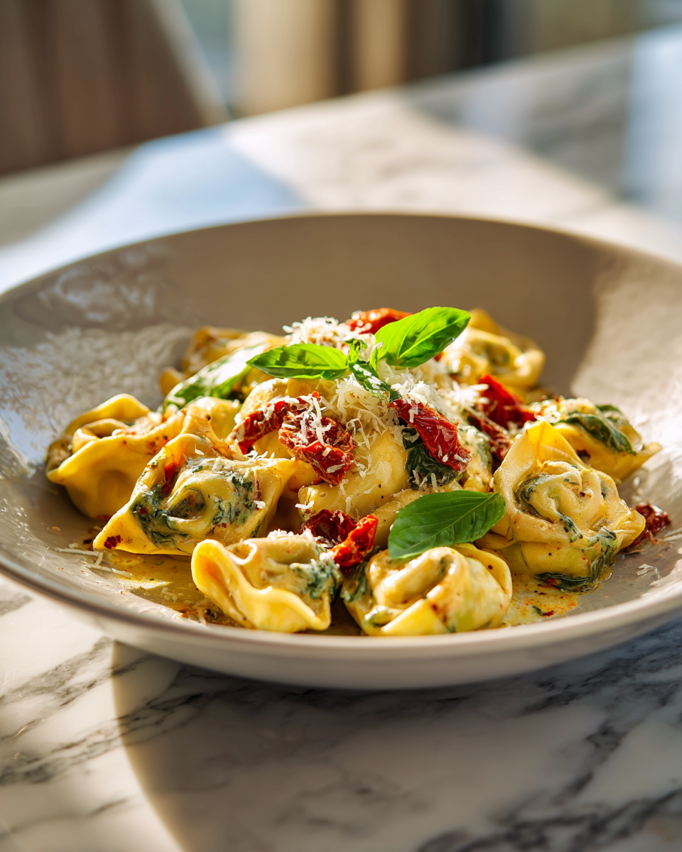 Recette de tortellini aux tomates séchées et épinards, parfaite pour un dîner rapide et réconfortant.