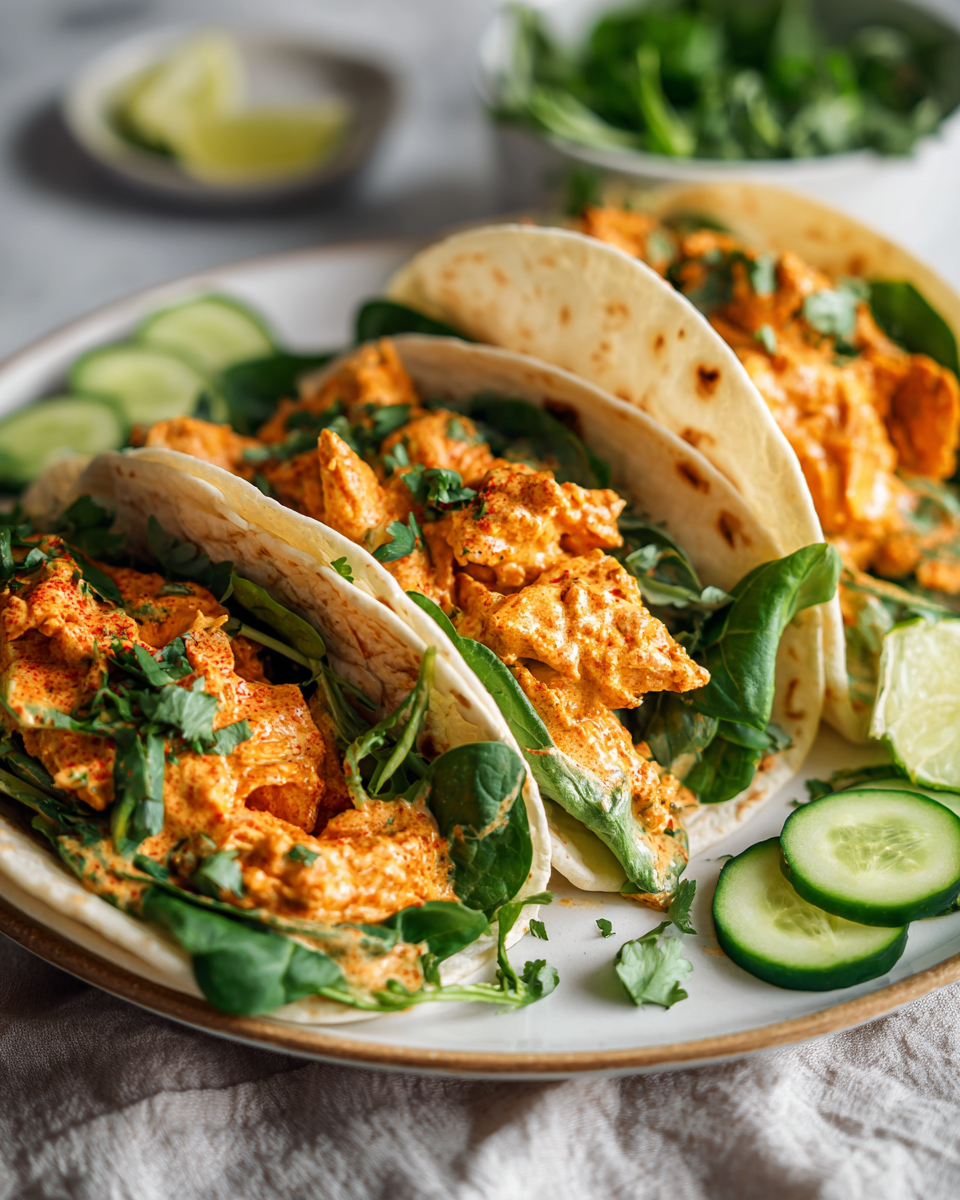 Wraps au poulet au beurre savoureux et pratiques, mélange de cuisine indienne avec des légumes frais.