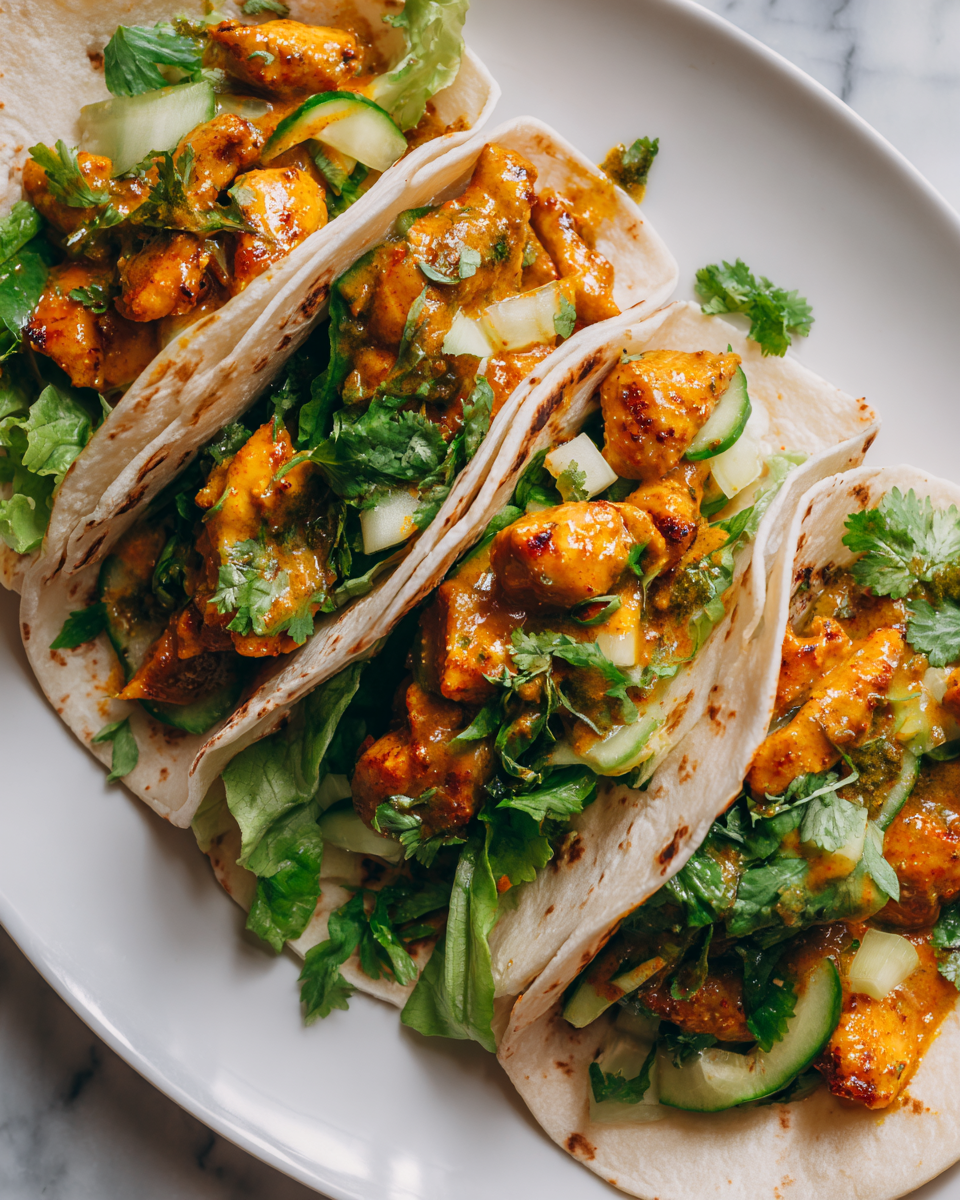 Wraps au poulet au beurre savoureux et pratiques, mélange de cuisine indienne avec des légumes frais.