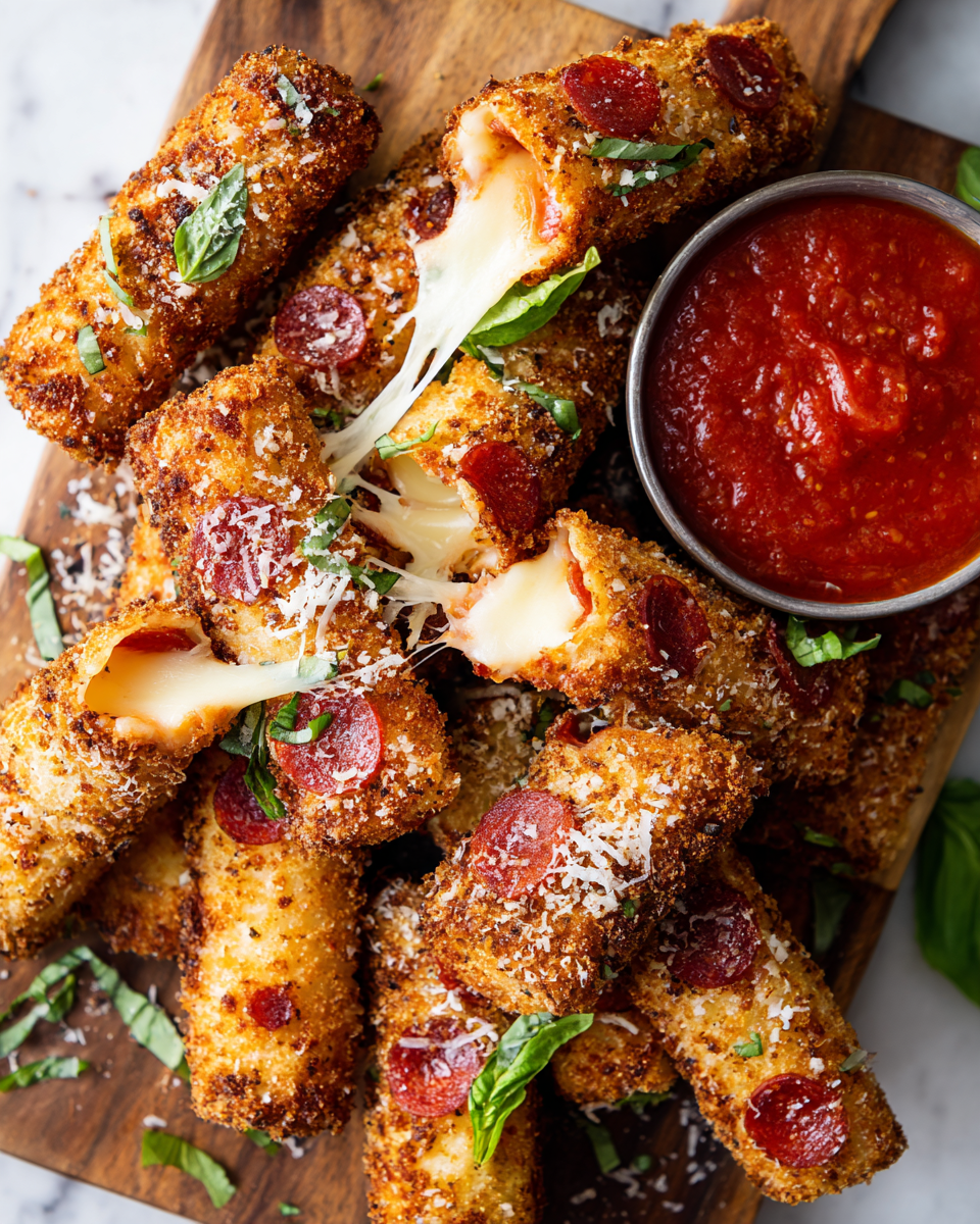 Bâtonnets croustillants de mozzarella au pepperoni, servis avec sauce marinara, parfaits pour un apéritif convivial.