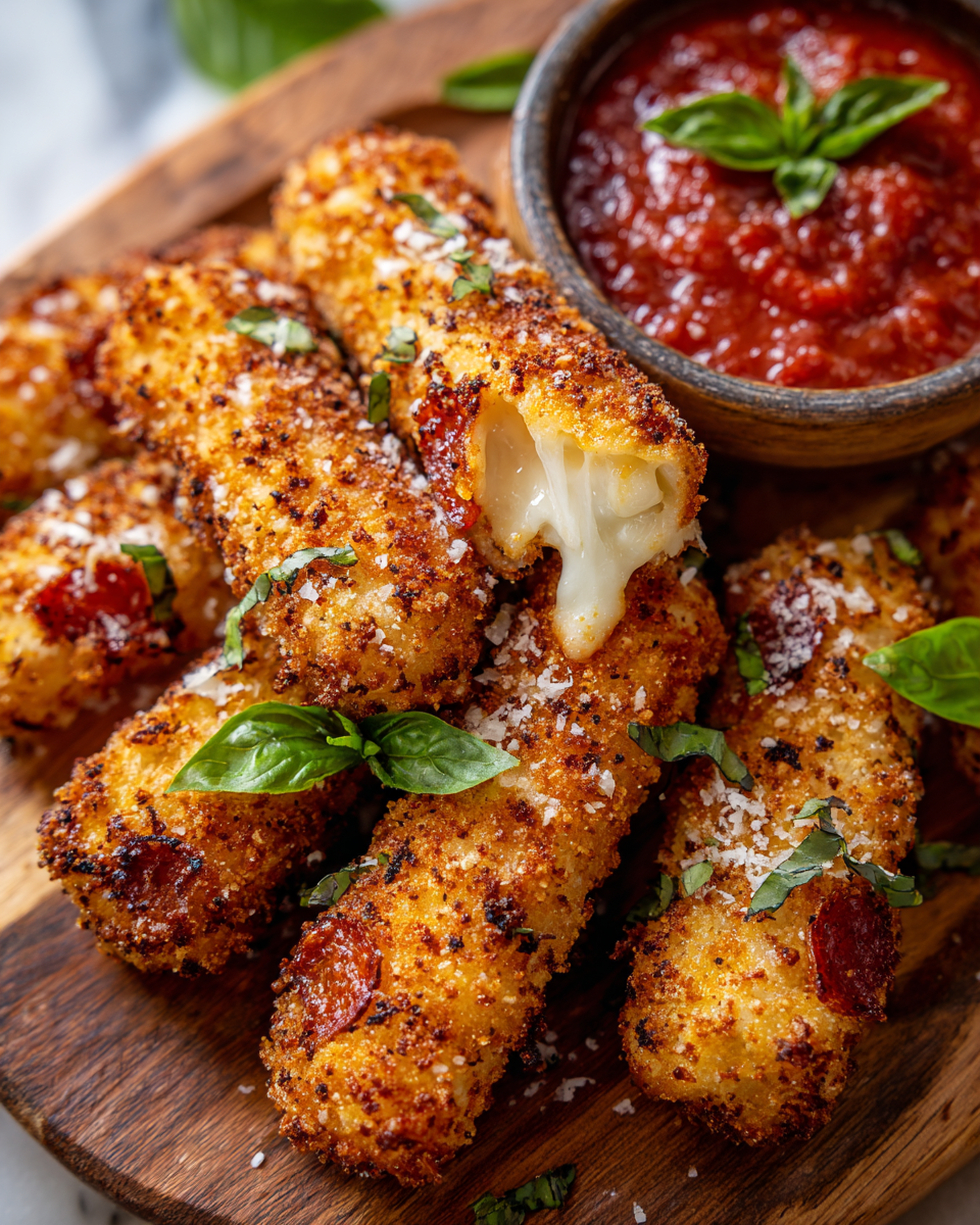 Bâtonnets croustillants de mozzarella au pepperoni, servis avec sauce marinara, parfaits pour un apéritif convivial.