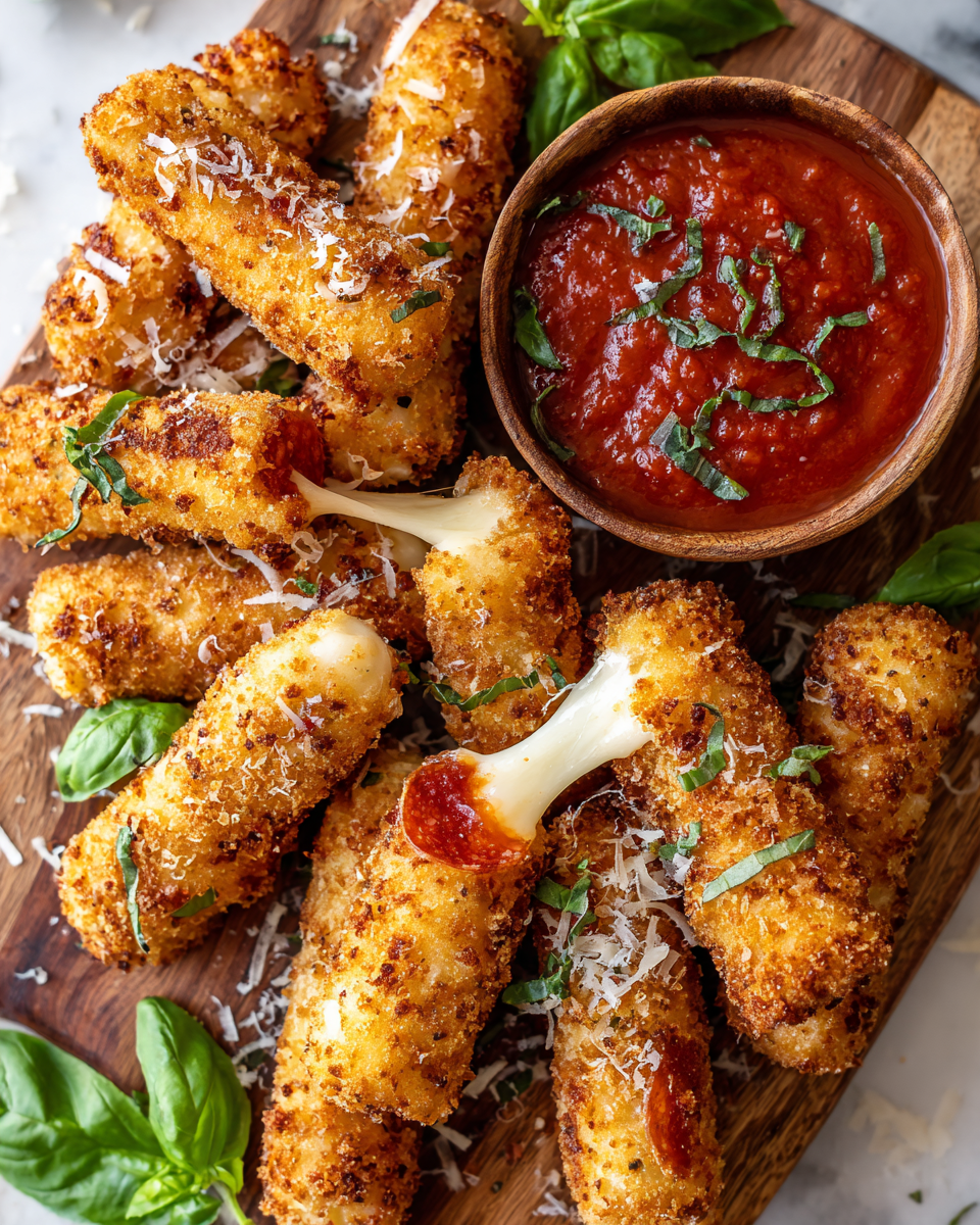 Bâtonnets croustillants de mozzarella au pepperoni, servis avec sauce marinara, parfaits pour un apéritif convivial.