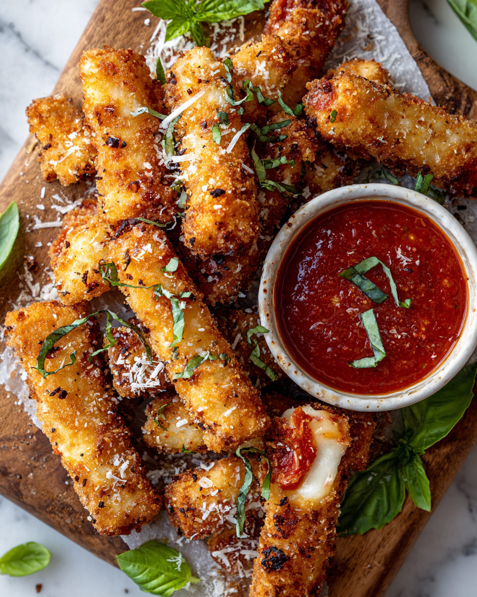 Bâtonnets croustillants de mozzarella au pepperoni, servis avec sauce marinara, parfaits pour un apéritif convivial.